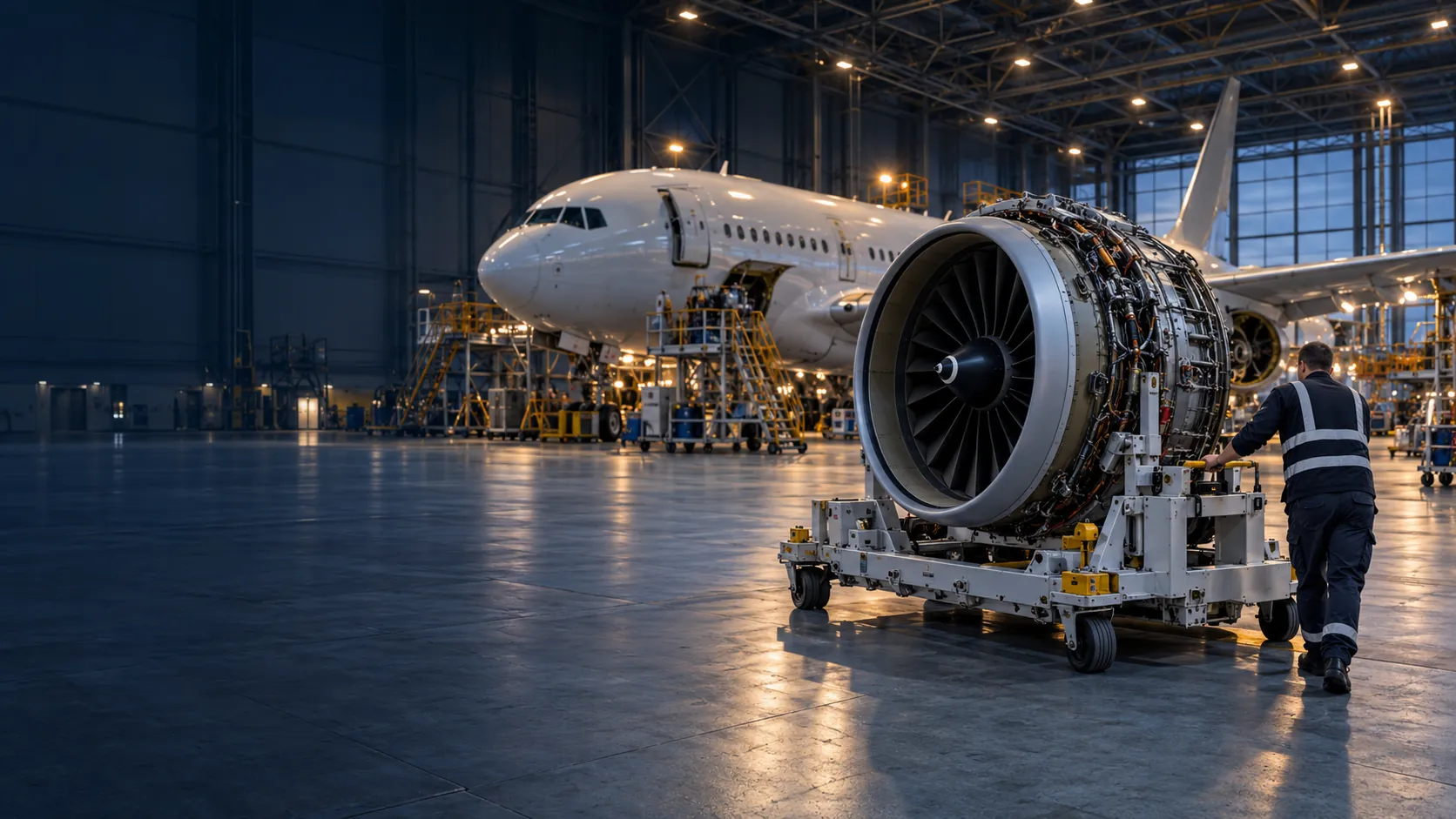 Flugzeug im Hangar, davor ein Mitarbeiter mit einem Triebwerk auf dem Transportgestell