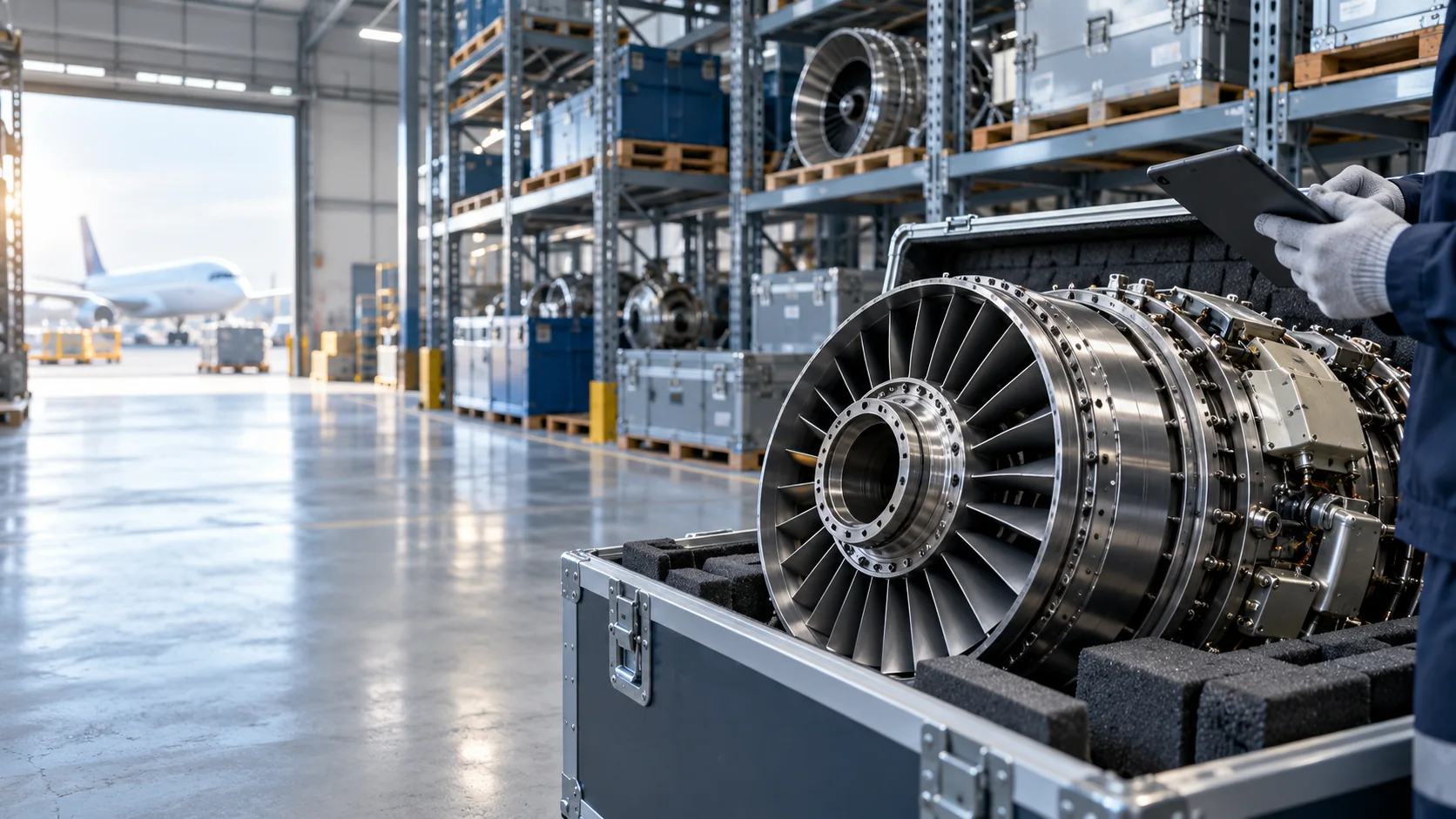 Flugzeugtriebwerk in Transportkiste im Lager